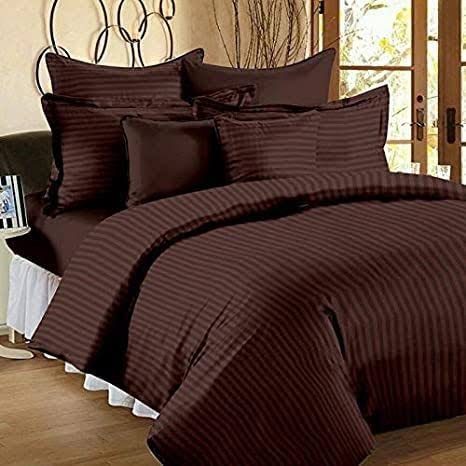 DECOR2ADMIRE 300TC Pure Cotton Plain Stripe King Size Double Bedsheet for Double Bed with Two Pillow Covers (Super King, Brown) (108 * 108 Inches)