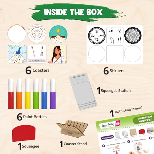 Image of Smartivity Squeegee Art Coaster Kit for Kids 4-8 Years - DIY Paint Pouring & Swirl Art Craft Activity - Make 6 Colorful Coasters - Creative Birthday Gift for Boys & Girls