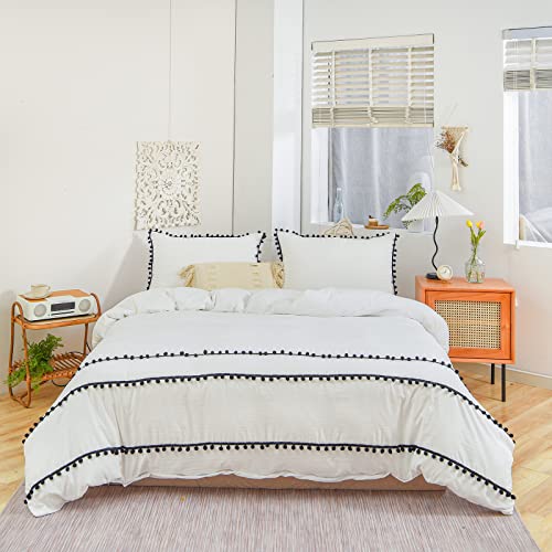 Pom Pom Duvet Cover Set 3 Pcs White Bedding Set Black Pom Pom Ball Fringe Bohemian Farmhouse Boho Chic Solid Color Bedding Twin for Kids Boys Girls 1 Duvet Cover 1 Pillowcase (No Comforter Included)