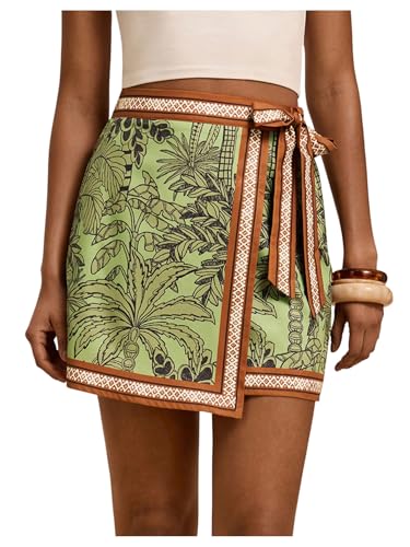 MakeMeChic Womens Summer Boho Wrap Mini Skirt Beach Vacation Short Skirts Green Leave Print Medium
