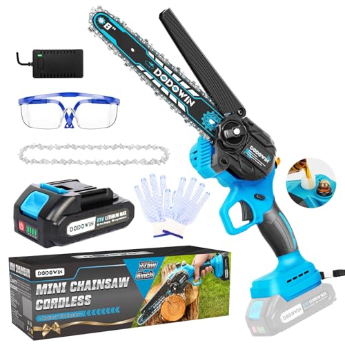 DODOWIN Mini motosierra inalámbrica de 8 pulgadas, con 1 batería de 2.0 Ah y cargador, motosierra eléctrica de batería ligera para cortar madera, rellenos de calcetines para hombres, regalos de
