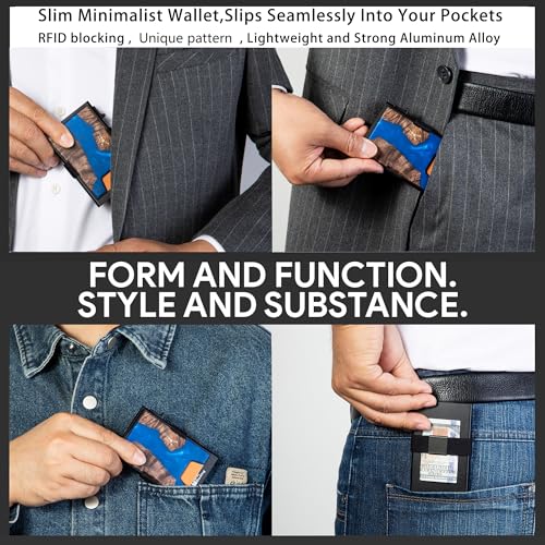 Image of Minimalist Mens Card Holder Wallet, RFID Blocking Slim Smart Pop Up Aluminum Wallet,Holds 12+ Cards,Expandable Compact Plate,Cash Strap /Money Clip (Resin Dark Blue Wood)
