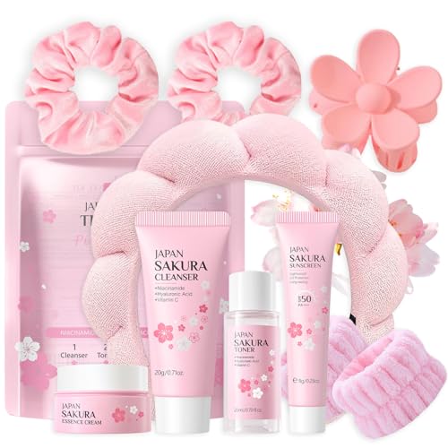 Rosa Geschenk Teenager Mädchen Sakura, Reiseset Gesichtspflege Set und Haarband Kosmetik Pinke Sachen, 10 Stück Euchtigkeit Geschenkset, Cleanser, Toner, Creme, Sonnencreme, Handgelenk Waschband