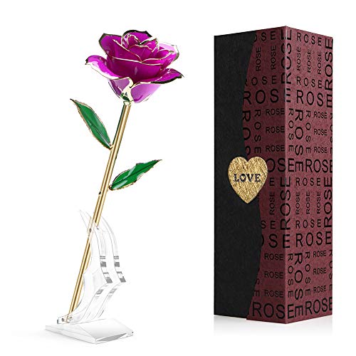 HOKEKI Rosa de Oro 24K Chapadas en Oro Flores Eterna con Caja de Regalo Base Soporte para Madre, Novia, Esposa, el Día de San Valentín, Navidad, Aniversario
