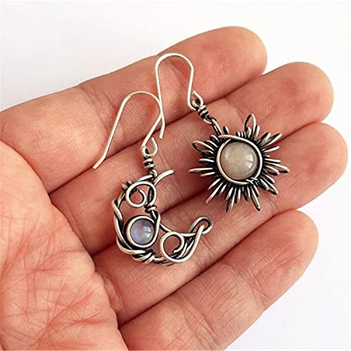 ANDPAI Unique Chic Abstract Hollow Black Vintage Silver Asymmetry Moon Star Sun Dangle Drop Earrings Black Moonstone Moon Hypoallergenic Earrings for Women Statement Jewelry Gifts3