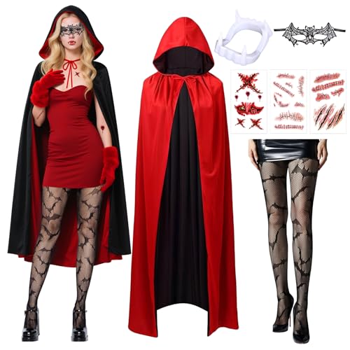 Halloween Vampir Kostüm- Vampirkostüm Damen Herren Halloween Teufel Kostüm mit Kapuze Strumpfhose Narbe Tattoo Aufkleber, Schwarz Rot Doppelseitig...