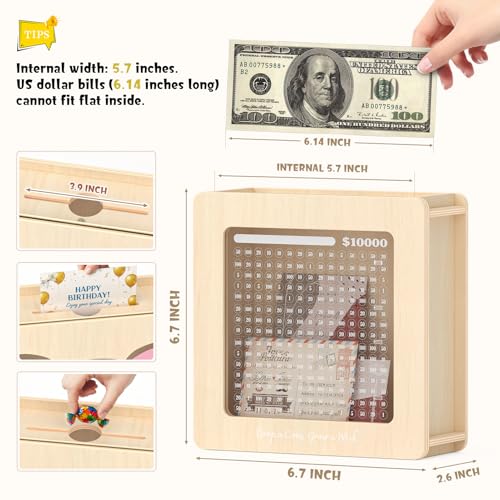 Image of Summidate Wooden Money Saving Box, Clear Window Cash Vault Savings Box -10000 Challenge with Tracker Stickers, Reusable Piggy Bank for Adults & Kids, Birthday /Baby Shower /Wedding Gift