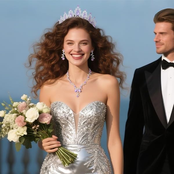 Miniatura 3 de Kamirola - Tiaras de corona para mujer, conjunto de tiara, aretes y collar de cristal para novia, fiesta de disfraces, Halloween, graduación,