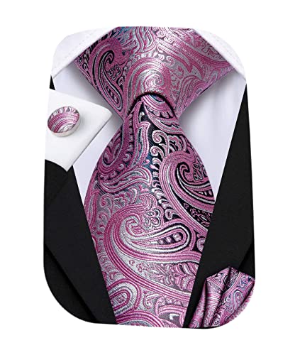 Image of Hi-Tie Paisley Floral Ties Set for Men Silk Mens Stripes Necktie Pocket Square Cufflinks Set Formal Business