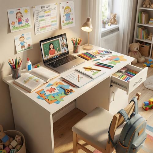 Image of Study Table for Home Wooden Computer Table - Study Desk for Students & Adults, Writing Table, Laptop Desk, Office Work Table for Home, White Finish DIY Assembly
