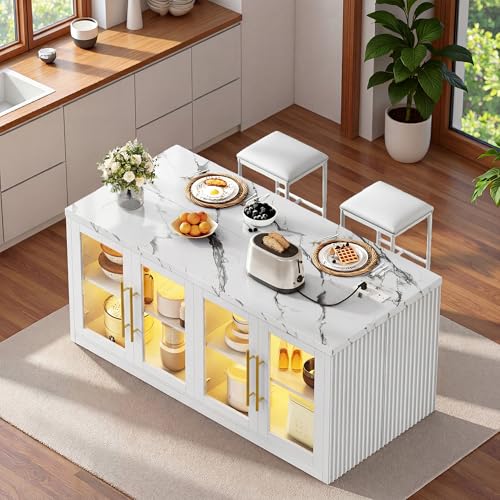 Homiflex Kitchen Island with Storage, Imitation Marble Island Table with