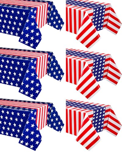 Image of Newwiee 6 Pcs 4th of July Patriotic Tablecloth Disposable American Flag Tablecloth 54x108 Plastic Red White Blue Independence Day Rectangle Table Cover 250th Decoration (Combination)