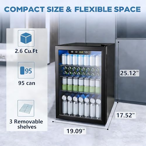 Image of Electactic 95 Cans Beverage Refrigerator, 26 Bottle Mini Fridge, 2.7 cu.ft Drink Fridge Digital Temperature Control for Bottled Beer, Soda,Water