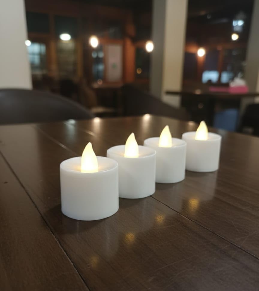 led flameless tea light candles, white, battery operated, warm yellow flickering light, set of 4