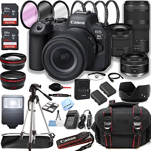 Canon EOS R6 Mark II Mirrorless Digital Camera with RF 24-105mm f/4-7.1 STM Lens + RF 100-400mm is USM Lens + 50mm f/1.8 STM Lens + 128GB Memory + Case + Tripod + Filters (43pc Bundle)