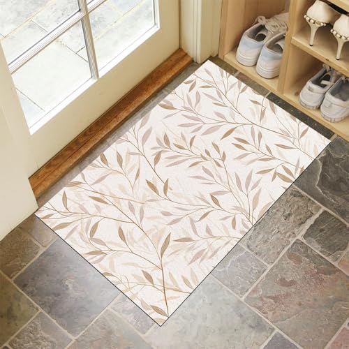 CEDNXOER Antiscivolo Zerbino Ingresso Interno 50 x 80 cm Tappeto Crema Camera Cucina Tappetino Bagno, Tappeti Lavabili In Lavatrice Campagna Piante Motivo Eleganti Foglie Salice Pelo Corto Rug