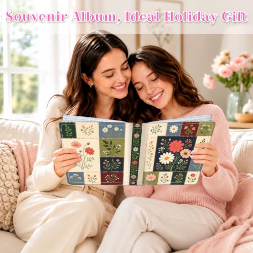 Image of Photo Album 4x6 120 Pockets Patchwork Wildflower | 120 clear 4x6 photo pockets, strong elastic band, compact album, family travel wedding use, patchwork wildflower cover