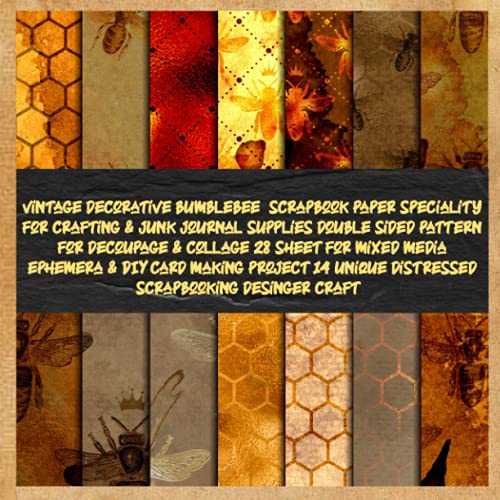 vintage decorative bumblebee scrapbook paper speciality for crafting & junk journal supplies double sided pattern for decoupage & collage 28 sheet for ... distressed scrapbooking desinger craft: honey image 2