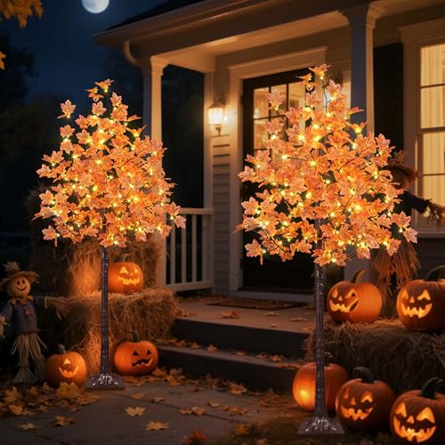 2 Pack 6FT Artificial Maple Tree with 240Warm White LED Lights - Orange Indoor/Outdoor Decor for Halloween & Fall