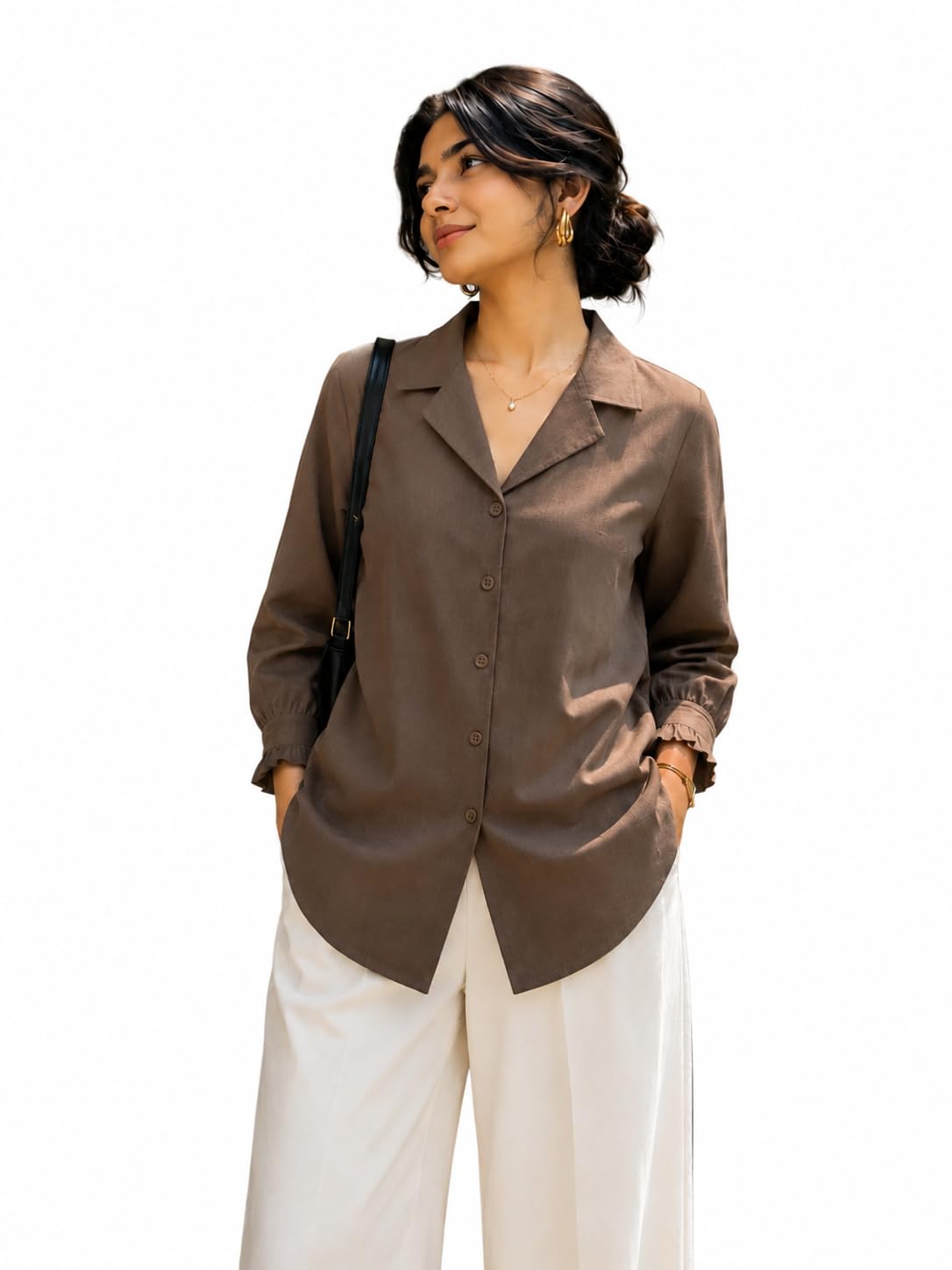 memories by masha Brown Textured Ruffled Sleeve Shirt for Women – Smart Formal & Casual Wear Button Down Shirt with 3/4 Sleeves, Spread Collar, Tailored Fit Office Wear Top-picture-30