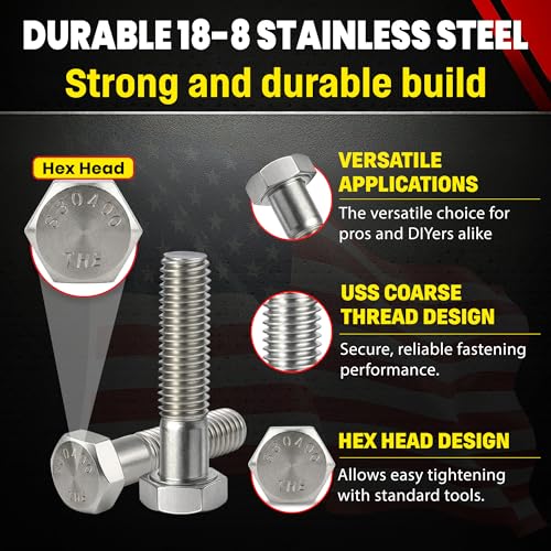 Image of Chenango Supply 5 /8-11 x 2-1 /2 inch Stainless Steel Hex Head Bolts - 304 Stainless, USS Coarse Thread, 100,000-125,000 PSI Tensile Strength, Corrosion-Resistant Hardware Bolts, (10 Pieces, 5 /8-11 x 2.5)