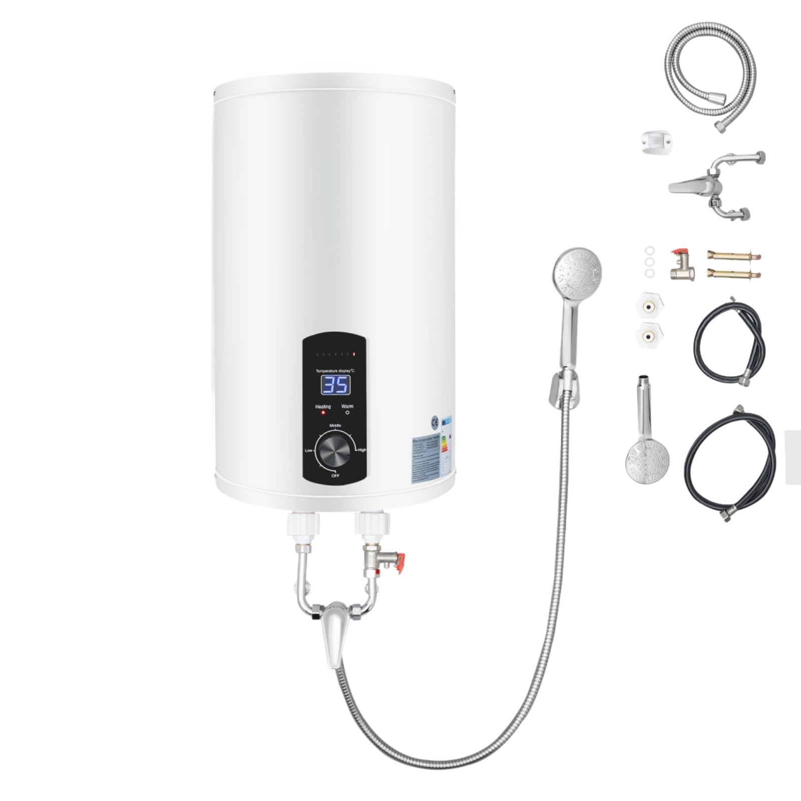 Scaldabagno elettrico ad accumulo | 2000 W elettrico istantaneo | Boiler ad acqua da parete con doccetta e tubi | Intervallo di controllo della temperatura: 25 – 75 °C | Capacità contenitore 30 – 70 L