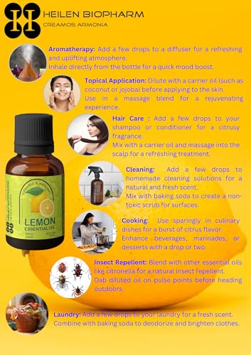 Image of Heilen Biopharm Lemon Essential Oil - 15 mL Per Bottle Pack of 1,For Skin Brightning Face Care & Support Immune System (Citrus limon)