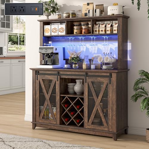 Image of 47 inchWide 56 inchH Farmhouse Coffee Bar Cabinet with Power Outlet and LED Light,Wine Bar Cabinet w /3 Storage Hutch,Kitchen Buffet Cabinet with 10 Wine and Glass Racks for Kitchen Dining Room(Brown)