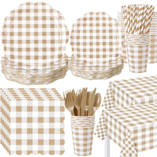 Image of Funnymoom 452 Pcs Brown Gingham Party Supply for 50, Beige Plates Napkins