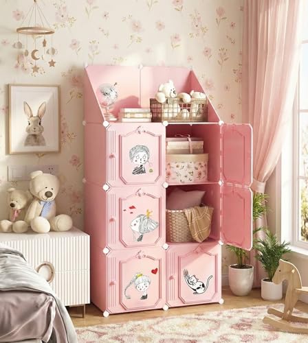 Image of Plastic Wardrobe for Kids Clothes - 6 Door, Pink-HT1, Durable, Easy to Use Anti-Skid & Non-Slip Effective Professional Collapsible Wardrobe, Plastic Cupboard for Kids, Foldable Almirah