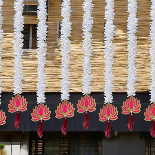 Image of Rajasthan Kraft Artificial Gajra & Wooden Lotus Hanging Pack of 6 | 32 Inch Long | Artificial Garland Set | White Floral Door Hanging | Mandir Decorations Items for Sankranti, Ugadi, Gudi padwa.