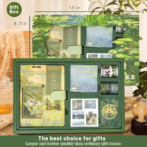 Image of 346Pcs Paper Vintage Aesthetic Scrapbook Kit Scrapbooking Supplies Kit With Bullet Junk Journal, Stationery, Washi Stickers A6 Grid Notebook Journaling Gift For Girl (Green Scrapbook)