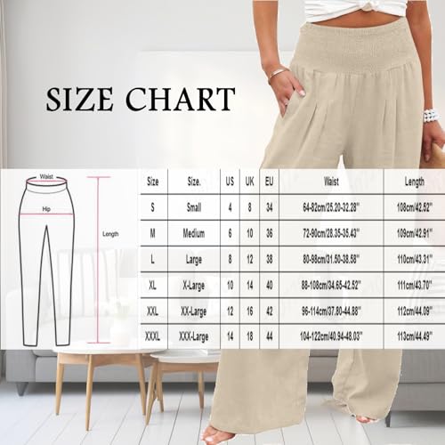 Boho Linen Palazzo Pants for Women Wide Leg Summer Lounge Pant Beach Vacation Casual Elastic High Waisted Trousers3