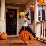 Jwqqwdza Halloween Porch Goose Outfit, Pumpkin Cat Dress with Cape Witch Hat Set, 23 Inch Porch Goose Clothes for Halloween Lawn Decor (Orange Black, One Size)