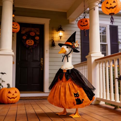Jwqqwdza Halloween Porch Goose Outfit, Pumpkin Cat Dress with Cape Witch Hat Set, 23 Inch Porch Goose Clothes for Halloween Lawn Decor (Orange Black, One Size)