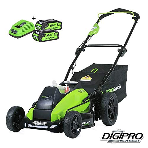 Greenworks Tools 2500407UC Cordless Brushless Lawn Mower with 2 x 2 Ah Batteries and Charger, 40 V, Green, 46 cm