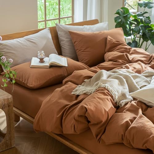 Image of MooMee Duvet Cover Set 100% Washed Cotton Linen Like Twin | Relaxed Linen-like Texture. Soft, Breathable & Long-lasting Comfort. Lightweight. Hidden Zipper with 8 Interior Corner Ties