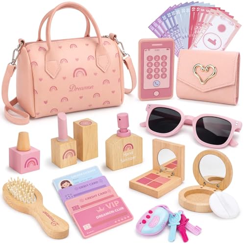 Dreamon Wooden Play Purse for Little Girls - 30PCS Toddler Purse with Pretend Makeup Kit Handbag Phone Wallet Keys - Princess Pretend Play Toys Birthday Gift for Girls Age 3 4 5 6 + Year Old