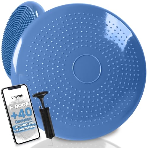 unycos - Ballsitzkissen inkl. Pumpe【Ø34 cm | Trägt 150 kg】Orthopädisches Sitzkissen Anti-Burst, Noppenkissen, Balance Pad, Luftkissen für Bürostuhl, Fitness, Reha/Koordinations (Blau; Basic)