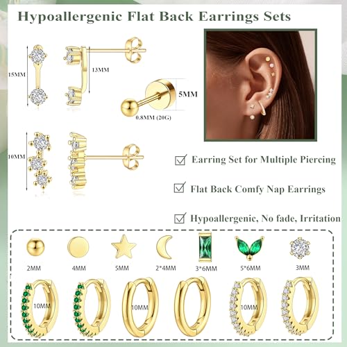 Jewdreamer Dainty Gold Flat Back Hypoallergenic Cartilage Earring Sets for Multiple Piercing - 20G Surgical Stainless Steel, Trendy Stacks, Small Hoop, Flatback Stud4