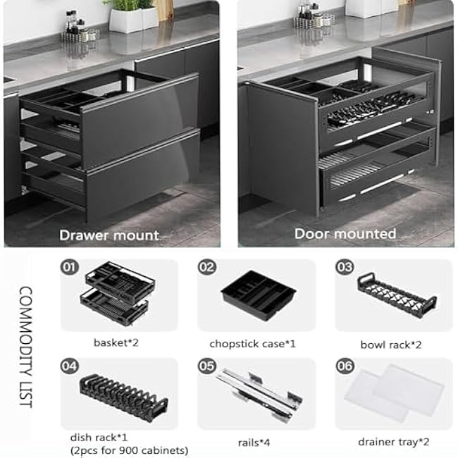 Heavy-Duty Stainless Steel Pull Out Cabinet Organiser, Adjustable Width 52-82cm,30kg Weight Capacity, 2 Drain Pans, Storage for Pots,Pans & Toiletries