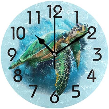 Naanle Lifelike Big Sea Turtle Print Round Wall Clock, 9.5 Inch Battery Operated Quartz Analog Quiet Desk Clock for Home,Office,School