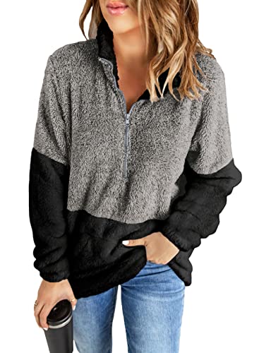 Aleumdr Women s Winter Quarter Zip Patchwork Turtleneck Sweatshirts Loose Oversized Soft Fluffy Fleece Pullover Outerwear with Pockets Dark Gray Large 12 14