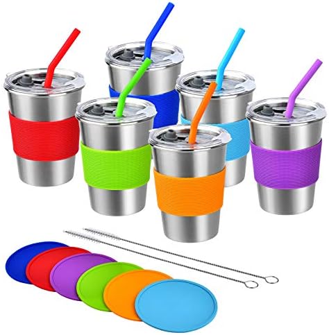 Kids Cups with Straw and Lid Spill Proof, 6 Pack 12oz Stainless Steel Drinking Tumbler with Coasters,Unbreakable Water Glasses,BPA-Free Metal Sippy Mug for Toddler,Children,Adult, Indoor, Outdoor