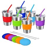 Kids Cups with Straw and Lid Spill Proof, 6 Pack 12oz Stainless Steel Drinking Tumbler with Coasters