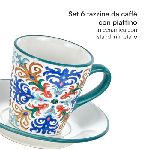 Baroni Home Set von dekorierten Keramik-Espressotassen mit Untertassen und Ständer, farbiges und robustes Küchenzubehör, Capri-Linie, 15x13x29 cm