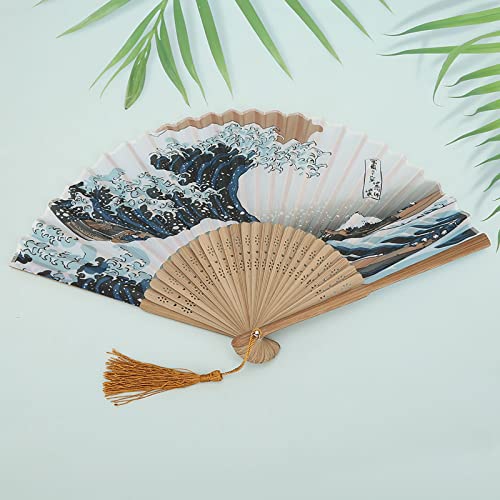 ZASCHMOY Elegante Abanico Plegable de bambú Retro con Ondas Pintadas de Estilo Japonés, Apertura y Cierre Suaves, Diseño Portátil para Decoración del Hogar y la Oficina, Bodas (Erqing