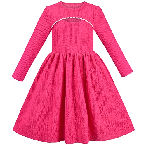 Sunny Fashion Robe Fille Rose Rose Câble Tricoter Rayé Décontractée Manche Longue Coton 8 Ans