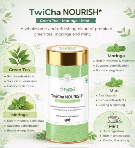 Image of TwiCha NOURISH Moringa & Spearmint Green Tea | 100g | Wth Fully Declared Ingredients | Crafted For Natural Energy And Vitality | 100g Tin (50 Cups)