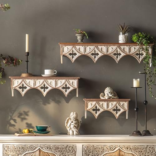 Estantería de pared de madera rústica para cocina y decoración del hogar, estantes flotantes vintage con diseño de pergamino de madera envejecida para colgar en la pared (tres tamaños)
